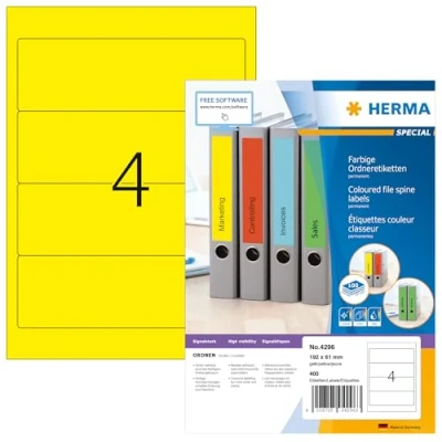Abbildung von HERMA 4296 Ordnerrücken Etiketten kurz breit, 100 Blatt, 192 x 61 mm, 4 pro A4 Bogen, 400 Stück, selbstklebend, bedruckbar, blickdicht, blanko Papier Ordneretiketten Rückenschilder Aufkleber, gelb