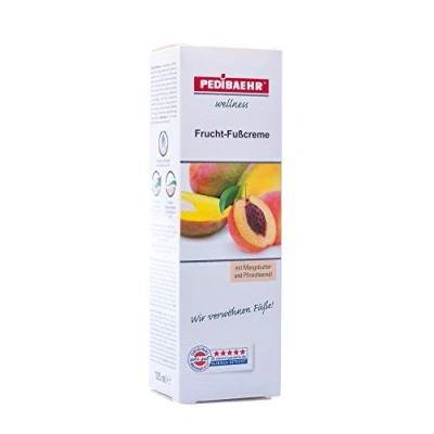 Abbildung von Fußbalsam, Frucht Fußcreme mit Mangobutter und Pfirsichkernöl Fusspflege für jeden Hauttyp, PediBaehr, 125 ml