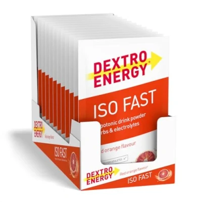 Abbildung von DEXTRO ENERGY ISO FAST RED ORANGE (12x56g Sachets) Hypotones Elektrolyt Pulver mit Natrium, Magnesium, Kalium und Chlorid, schnelle Kohlenhydrat Mineralstoff Versorgung, Glutenfrei, Laktosefrei