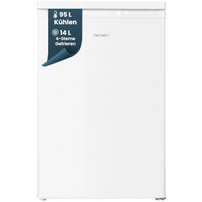 Abbildung von homeX Kühlschrank mit Gefrierfach klein, Mini Kühl Gefrierkombination 109 Liter Nutzinhalt, freistehend, kleiner Tischkühlschrank, 4 Sterne Gefrieren, 85 cm Höhe, wechselbarer Türanschlag, weiß