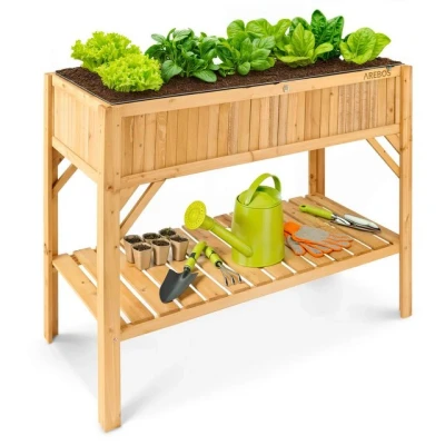 Abbildung von Arebos Hochbeet aus Holz mit Ablagefach für Garten, Balkon und Terrasse Innenleben Schutzvlies ausgestattet 119 x 53 90 cm Pflanzkasten &amp; Blumenkasten Pflanzbeet, Frühbeet
