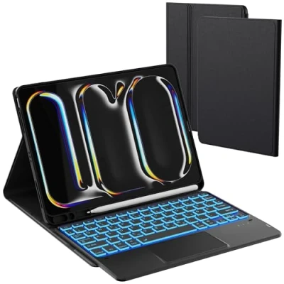 Abbildung von ROOFEI für iPad Pro 11 Zoll (M4) 2024 Tastatur Hülle 7 Farbige Beleuchtung Touchpad Tablet Cover mit Stifthalter Beleuchtete Deutsches QWERTZ Layout 11&quot; Schwarz
