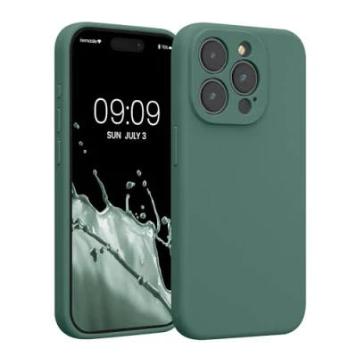 Abbildung von kwmobile Handyhülle kompatibel mit Apple iPhone 15 Pro Hülle gummierte Handy Case aus Silikon in Tannengrün