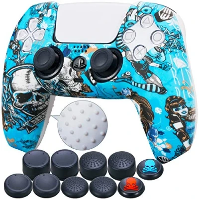 Abbildung von 9CDeer 1 x Stück Schutzfolie Transferdruck Silikon Dick Hülle + 10 Thumb Grips für Playstation 5 / PS5 Controller Zauberin