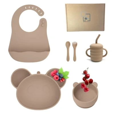 Abbildung von Babygeschirr Set aus Silikon, Geschirr für Babys, Saugnapf, Babyteller mit Silikon Teller Saugnapf Besteck.