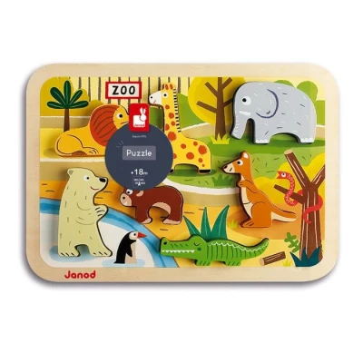 Abbildung von Janod Chunky Puzzle aus Holz, Zootiere, 7 Teile, Entwicklung der Feinmotorik und Konzentration, ab 18 Monaten, J07022