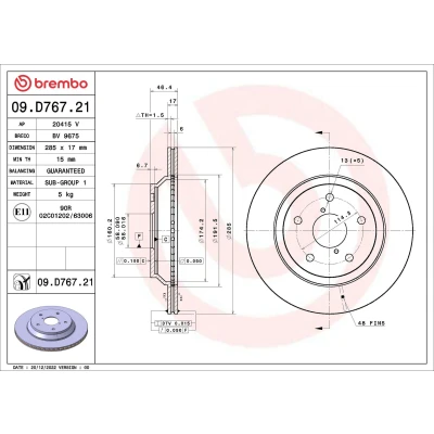Abbildung von BREMBO 09.D767.21 Bremsscheibe 285 17 5 innenbelüftet beschichtet mit Schrauben SUBARU: Forester V