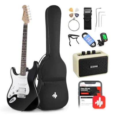 Abbildung von Donner Linkshänder E Gitarre Set Anfänger Full Size Schwarz 39 Zoll Lefty Starter Paket mit allem Zubehör Verstärker Kapodaster Gurt Saite Stimmgerät Kabel und Plektren DST 100BL