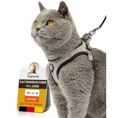 Abbildung von Tierhood Katzengeschirr Set mit Leine für kontrollierte Freiheit Softgeschirr Komfortabel, Einstellbar &amp; Robust Geschirr aktive Katzen (Grau, Größe M)