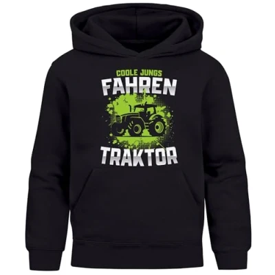 Abbildung von Moonworks MOT Print Aufdruck Traktor Motiv Spruch Lustig Coole Fahren Kapuzenpullover für Kinder, Größe: 116, Schwarz