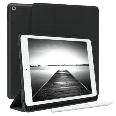 Abbildung von EAZY Case Schutzhülle mit Stifthalter für iPad 7 / 8 9 Gen. 10.2 Zoll Hülle Stifthalterung Tablet Cover Touchpen Smartcase aufstellbar Klappcase Auto Sleep Wake Up Etui Schwarz