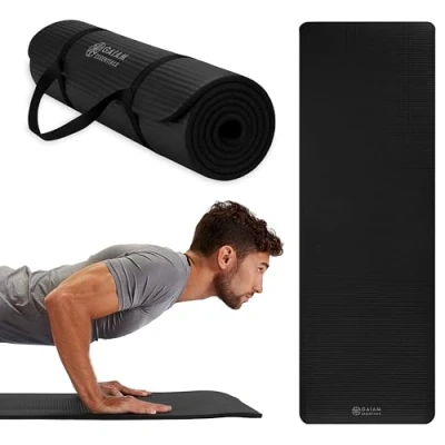 Abbildung von Gaiam Essentials Dicke Yogamatte für Fitness und Trainingsmatte, mit Tragegurt, Schwarz, 183 cm L x 61 B 6,3 dick