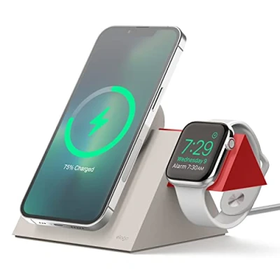 Abbildung von elago MS5 Duo Ladestation Kompatibel mit MagSafe Ladegerät,Kompatibel iPhone 16, 15, 14, 13, 12 Serie, Apple Watch Allen Serie [Ladegerät Nicht enthalten] (Taupe/Rot)