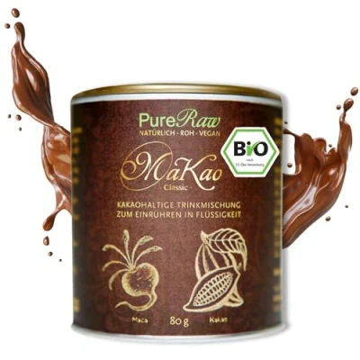 Abbildung von MaKao Classic Kakao Maca Lucuma Carob (Bio Roh Vegan) Trinkschokolade ohne Zucker Kaffeeersatz Heiße Schokolade Schokomilch Superfood Getränkepulver Hot Chocolate Cacao Drink Powder PureRaw 80g