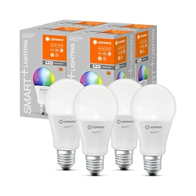 Abbildung von LEDVANCE Smarte LED Lampe mit WiFi Technologie, Sockel E27, Dimmbar, Lichtfarbe änderbar (2700 6500K), RGB Farben änderbar, ersetzt Glühlampen 100 W, SMART+ Classic Multicolour, 4er Pack