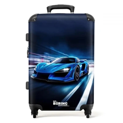 Abbildung von NoBoringSuitcases.com© Kinderkoffer Auto Blau Jungen Kind 67 cm 72 L, 4 Rollen, Mittelgroßer Reisetasche mit Rollen für 20kg,
