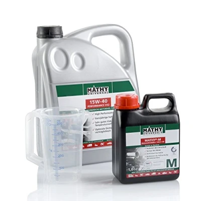 Abbildung von MATHY Motorenöl Wechsel Set (SAE 15W 40 Performance VX2 Motorenöl) + 1 Liter M Additiv 500 ml Messbecher gratis