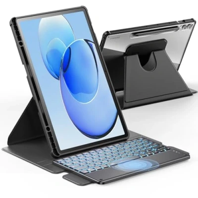 Abbildung von INFILAND für Samsung Galaxy tab S10+ Plus/S9 FE+/S9 Plus Hülle mit Tastatur[Hochpräzises Touchpad], 360 Drehbar, Abnehmbarer Deutsches Beleuchtete Bluetooth Tastatur /S9 FE+, Schwarz