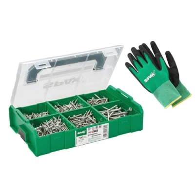 Abbildung von SPAX L BOXX Mini Montagekoffer 700 Senkkopfschrauben in 6 Abmessungen, WIROX A9J, T STAR plus, inkl. Arbeitshandschuhen und 3 x T20 Bit, 8000000294549