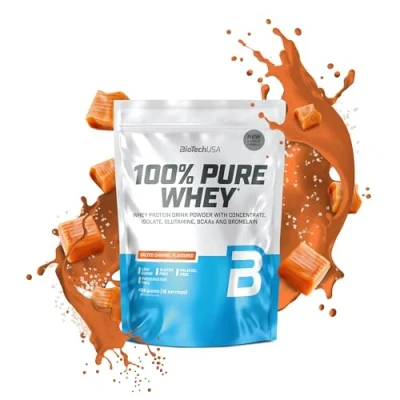 Abbildung von BioTechUSA 100% Pure Whey Proteinpulver mit BCAA und Glutamin Glutenfrei, Palmölfrei 21g Protein pro Portion, 454 g, Salziges Karamell