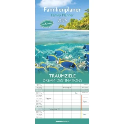 Abbildung von Alpha Edition Traumziele 2025 Familienplaner, 19,5x45cm, Familienkalender mit 5 Spalten für Termine, Mondphasen, Kalenderwochen, Ferientermine DE/AT/CH und internationales Kalendarium