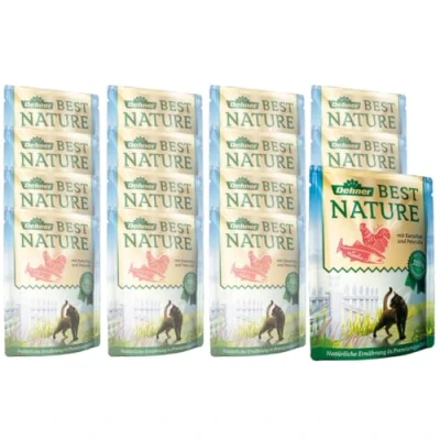 Abbildung von Dehner Best Nature Katzenfutter, Nassfutter, für ausgewachsene Katzen, Lachs/ Huhn / Kartoffel, 16 x 85 g Beutel (1.36 kg)