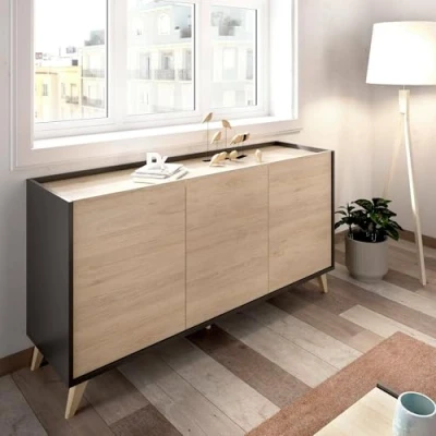 Abbildung von Dmora Avez Wohnzimmer, modernes Sideboard mit 3 Türen, 155 x 43 75 cm, Technisches Holz, Eiche und Anthrazit