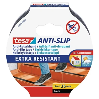 Abbildung von tesa Antirutschmatte Anti Rutschband Slip Tape 50mm x 5m Schwarz 55588, Packung, 1 St., 5 Meter Band Breit, Beständig gegen Wasser, Temperatur, UV Strahlung und Reinigungsmittel
