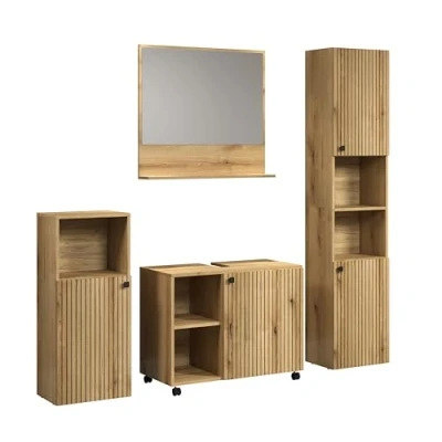 Abbildung von trendteam smart living Badkombination Badezimmer PureBliss Aufbaumaß (BxHxT) 180 x 190 40 cm Farbe Evoke Eiche mit schwarzen Rillen 233790142