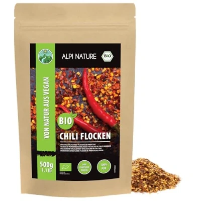 Abbildung von Bio Chiliflocken (500g), Chili geschrotet, Schoten scharf aus kontrolliert biologischem Anbau, Flocken mit Kernen 100% rein und naturbelassen
