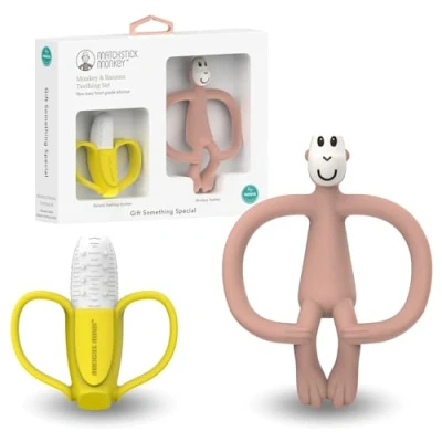 Abbildung von Matchstick Monkey Geschenkset Beißringe Set/Antimikrobieller Beißring/Zahnungshilfe/Gel Applikator für wundes Zahnfleisch/BPA frei/leicht zu greifen/ab 3 Monaten (gelb/rosa)