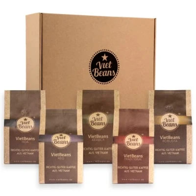 Abbildung von VietBeans Kaffeebohnen Probierset Fünf spannende Kaffeesorten für Kaffeeliebhaber Geschenkset 5 x 250g Exklusive Kaffeespezialitäten Kaffeegeschenk (Großes ganze Bohne)