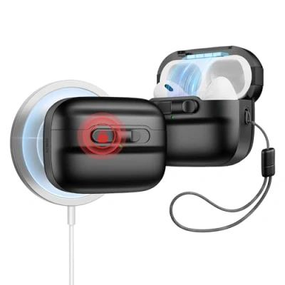 Abbildung von ESR für AirPods Pro 2./1. Generation Hülle (2023/2022/2019) mit HaloLock, MagSafe Ready, Magnetische Deckelverriegelung (USB C/Lightning Kabel), Sturzschutz Trageband, Pulse Serie, Schwarz
