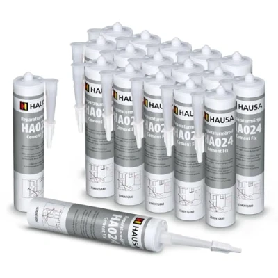 Abbildung von HAUSA Reparatur Mörtel Cement Fix HA024 18x 310ml zementgrau gebrauchsfertiger Fugenmörtel zum Verfugen Füllen Ausbessern von Fugen Brüchen Rissen, Express Zement für Innen &amp; Außen, Dichtmasse