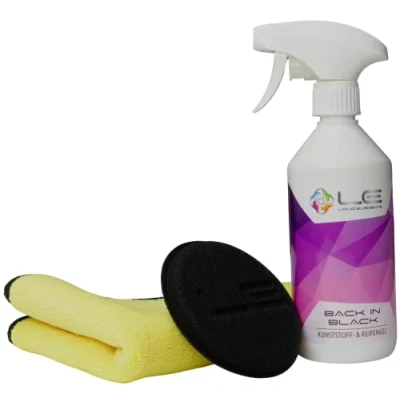 Abbildung von Kunststoff &amp; Reifenpflege Set Liquid Elements Back in Black 500ml + Applikator ADVANTUSE Mikrofasertuch pflegt Kunststoffe und Gummi
