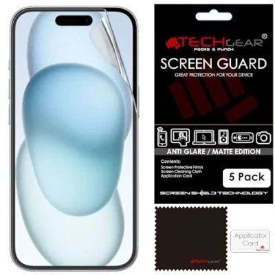 Abbildung von TECHGEAR Displayschutzfolie für iPhone 16 Plus/iPhone 15 Plus, matt, blendfrei, mit Reinigungstuch und Applikationskarte, kompatibel Plus/16 17 cm, 5 Stück