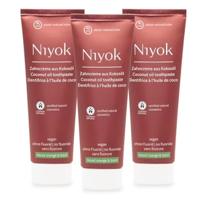 Abbildung von Niyok® Zahncreme aus Bio Kokosöl &quot;Blutorange &amp; Basilikum&quot; (3 x 75ml) Natürliche Zahnpasta für weiße Zähne Intensive Pflege Frische Schützt das Zahnfleisch Ohne Fluorid Vegan