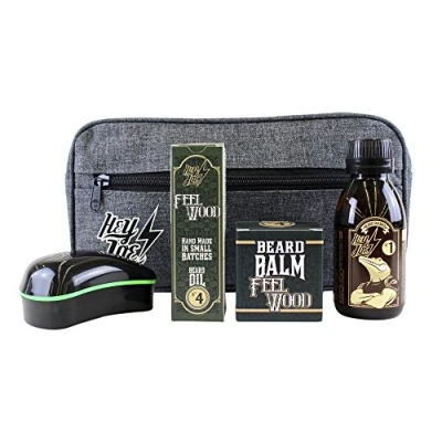 Abbildung von HEY JOE! Bearded Survival Kit Deluxe Nº 4 Feel Wood Bartpflege Set für Männer Hochwertig [ Bartöl + Bart Balsam Bartshampoo Bartbürste ] Geschenk Kulturbeutel Inklusive