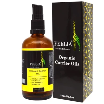 Abbildung von Feelia Bio Rizinusöl kaltgepresst reich an Vitamin E, Omega 6 und 9 ohne Duftstoffe 100 % rein organisch.