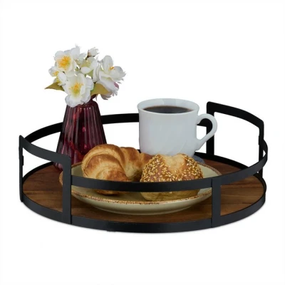 Abbildung von Relaxdays Tablett rund, Holz und Eisen, HxD 8,5x30,5 cm, Serviertablett, Griffe, hoher Rand, Dekotablett, braun/schwarz
