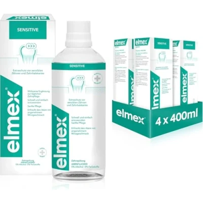 Abbildung von elmex Mundspülung Sensitive 4x400ml für Extraschutz vor schmerzempfindlichen Zähnen und Zahnhalskaries die tägliche Zahnreinigung ohne Alkohol mit Minzgeschmack