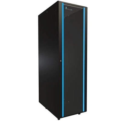Abbildung von Netzwerkschrank 19 Zoll 42 HE 600x1000 freistehend abnehmbare Seitenwände selbstmontierender Rahmen Serverschrank für Switches UPS Server gehärtetes Glas Schwarz Rack