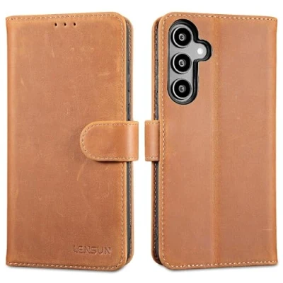 Abbildung von LENSUN Echtleder Hülle für Samsung Galaxy A35 5G, Handyhülle [Echtes Leder][Magnetverschluss][RFID] Handytasche Lederhülle Flip Cover Vintage Braun