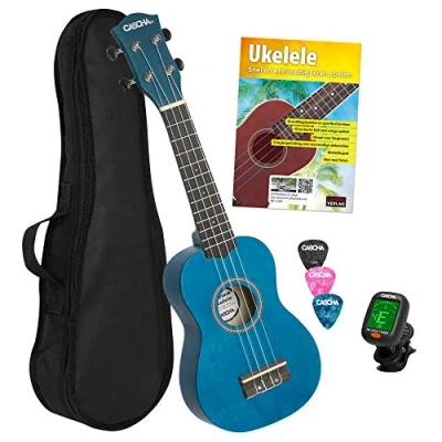 Abbildung von CASCHA Sopran Ukulele Set Niederländisch für Kinder &amp; Erwachsene I Starter Kit mit 3 Plektren Tasche holländisches Lehrbuch DVD Stimmgerät Aquila Saiten Nylon Kleine Hawaii Gitarre Blau