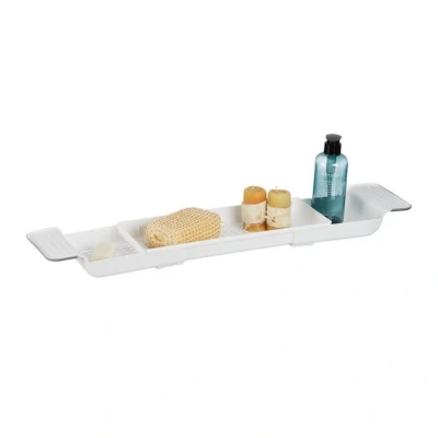 Abbildung von Relaxdays Badewannenablage, ausziehbar 55,578 cm, Kunststoff, Wasserablauflöcher, rutschsicher, Badewannenbrett, weiß