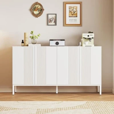 Abbildung von Merax Sideboard mit 4 Türen, Moderne Buffetschrank Mehrzweckschrank Verstellbare Ablage, Griffloses Design, Beistellschrank für Wohnzimmer, Esszimmer, Flur, Küche, Metallgestell, Weiß, 145cm