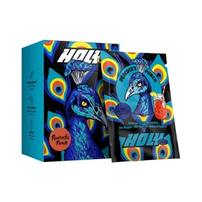 Abbildung von HOLY Energy Gaming Booster 10er Probier Box &#039;Peacock&#039;s Punch&#039; mit Zitrus, Granatapfel &amp; Kokos Geschmack Pulver 10 Portionen NewCaff Grüntee Extrakt Focus Drink Vegan natürlichen Aromen