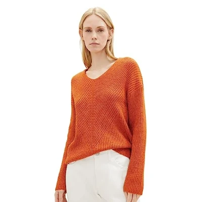 Abbildung von TOM Tailor V NECK Strickpullover, Damen, Größe: XS, Gold flame orange melange