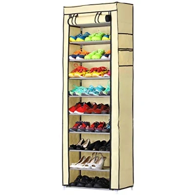 Abbildung von BAKAJI Platzsparender Schuhschrank, 11 Regalböden, 60 x 30 175 cm, bis zu Paar Schuhe, Struktur aus Stahl und Bezug TNT Stoff, wasserdicht mit Reißverschluss, staubdicht, Beige