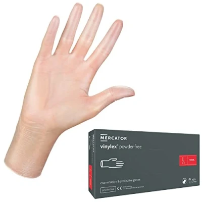 Abbildung von MERCATOR MEDICAL XS XL VINYLEX Puderfrei Einweghandschuhe Latexfrei Glatt Transparent Vinyl Handschuhe Einmalschutz, Größe:L 100 Stück Rd20018004 L (100er Pack)